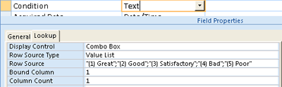 Screenshot that shows the value list as the data source for a lookup field.