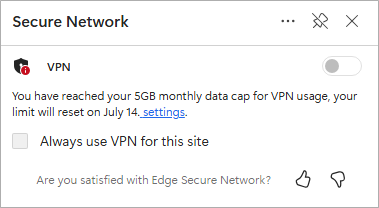Screenshot of Edge secure network data limit refresh.