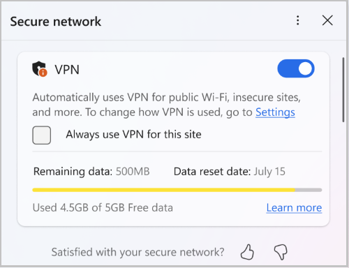 Screenshot of Edge secure network data limit.