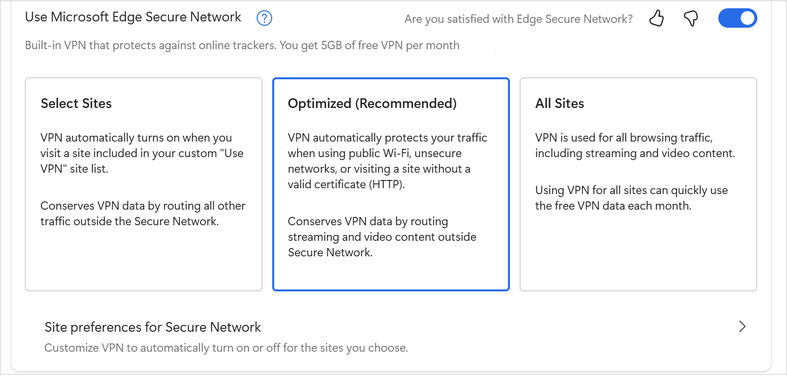 Screenshot of the options in MicrosoftEdgeSecureNetwrok.