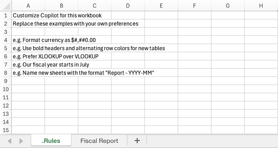 Screenshot of a Copilot in Excel workbook with a sample .Rules worksheet.