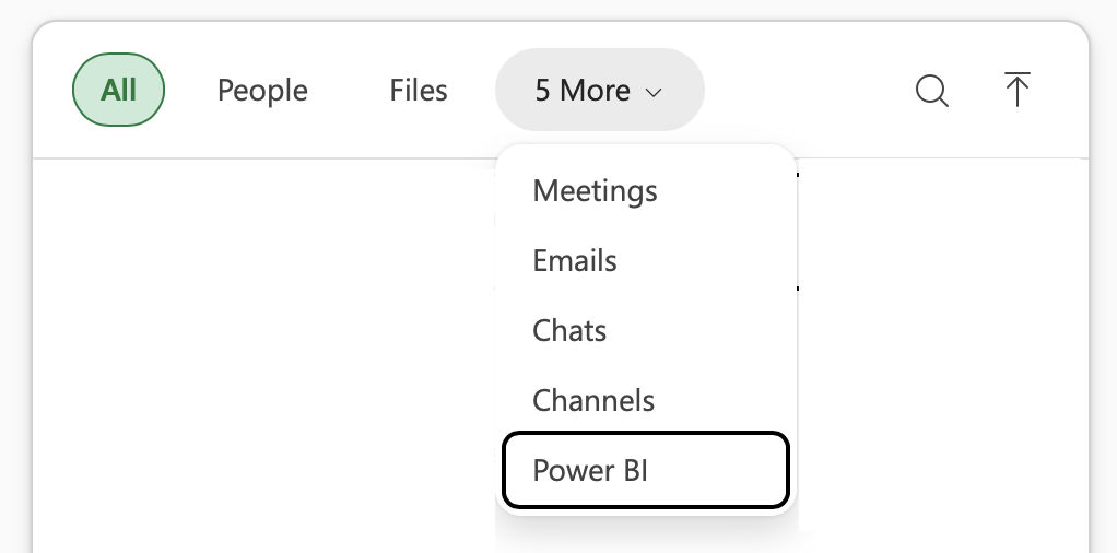 Screenshot of the Copilot in Excel 'Add work content' menu, with 'More' and then 'Power BI' highlighted.