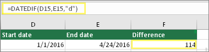 Cell D15 with 1/1/2016, Cell E15 with 4/24/2016, Cell F15 with formula: =DATEDIF(D15,E15,d) and result of 114
