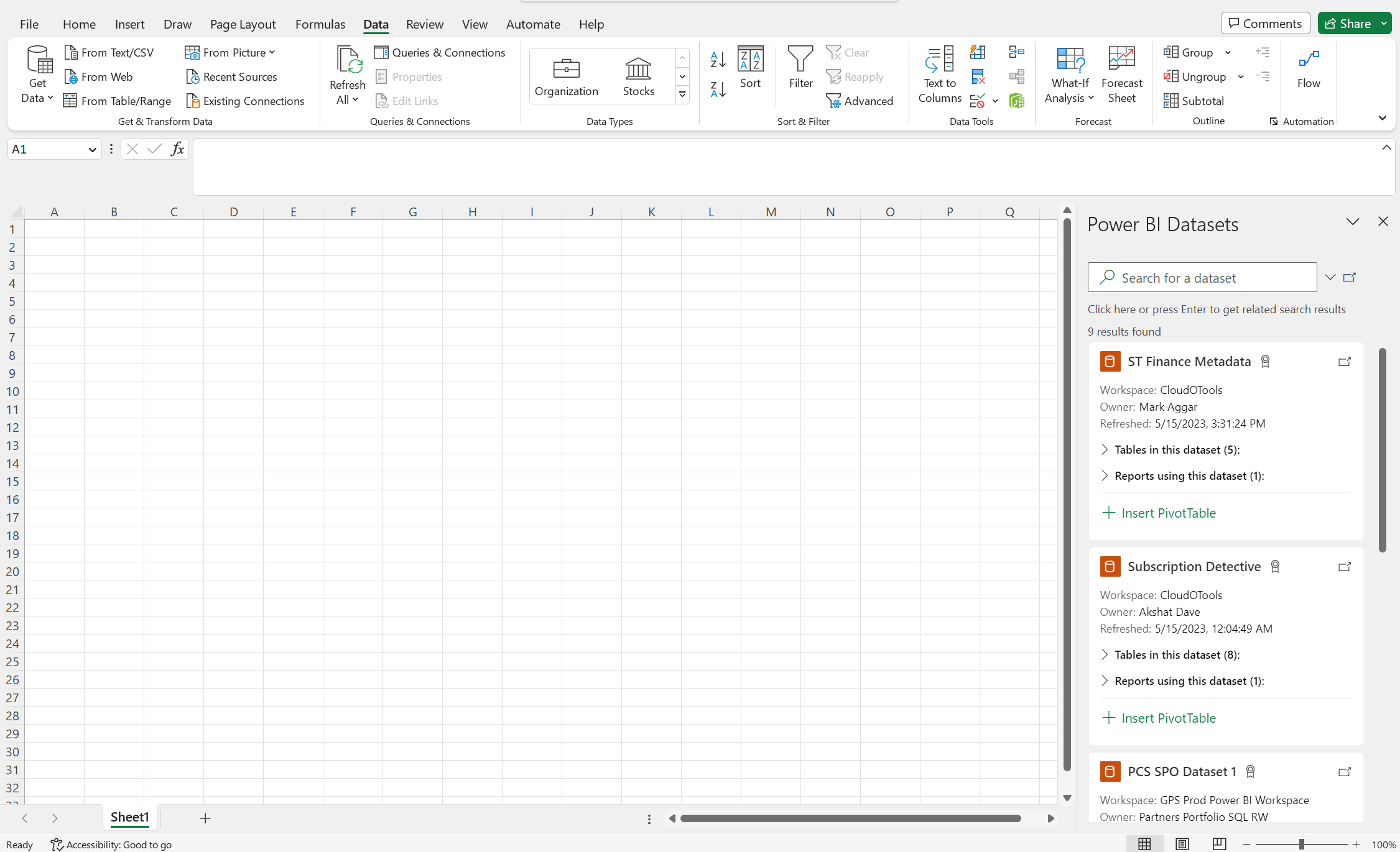 Excel Power BI datasets