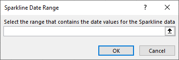 Screenshot that shows to select the range that contains the date values for the Sparkline data in the Sparkline Date Range dialog box.