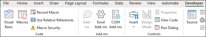 Code group on the Developer tab