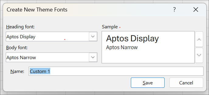 Screenshot that shows the Create New Theme Fonts.