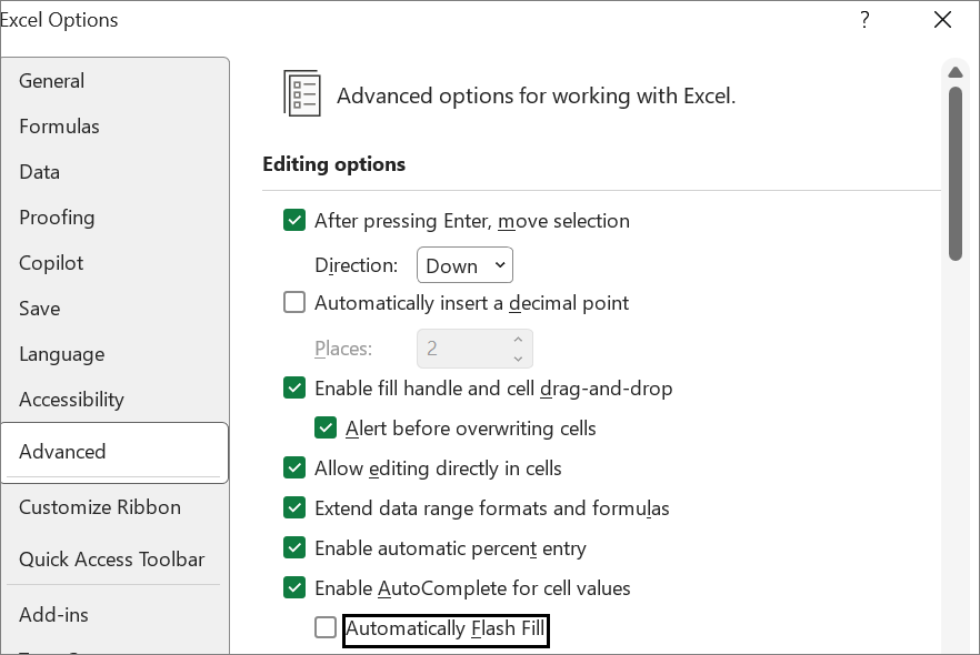 Screenshot that shows the option to enable Automatically Flash Fill if it was turned off.
