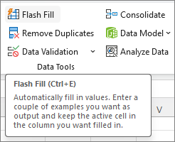 Screenshot that shows the Flash fill option on the ribbon.