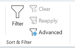 Screenshot of Sort and Filter Section of Data tab.