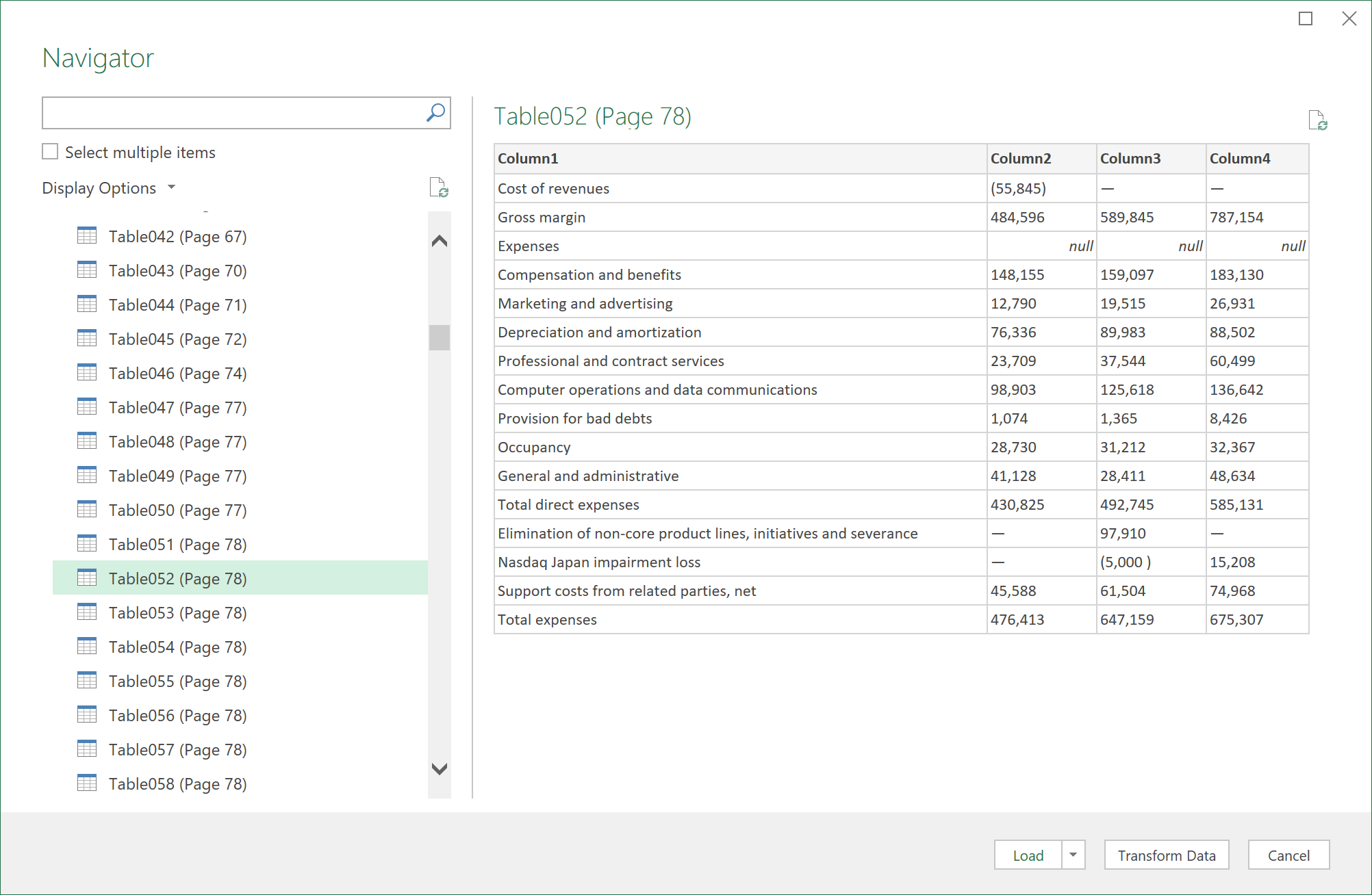Screenshot shows the navigator dialog box for importing PDF data.