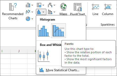 Screenshot that shows the Pareto chart accessed from the Insert tab.