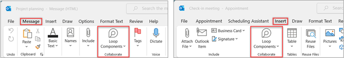 Outlook ribbon with the Loop Components button highlighted in the Collaborate group on the Message tab and the calendar Insert tab