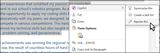Some text selected in OneNote. The context menu is shown, with Copilot selected, and Rewrite this selected on the sub-menu.