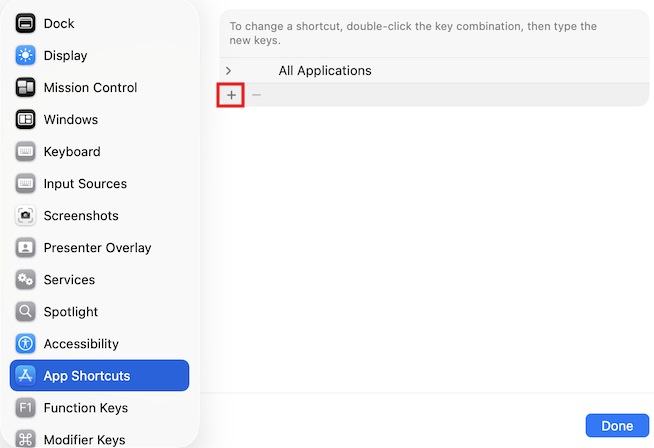Screenshot of Keyboard Shortcuts in Mac.