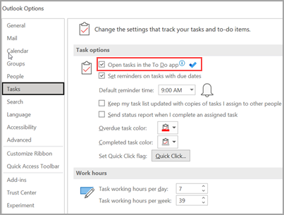 Screenshot showing Tasks highlighted on the left-hand pane and Open tasks in the To Do app circled on the right side.