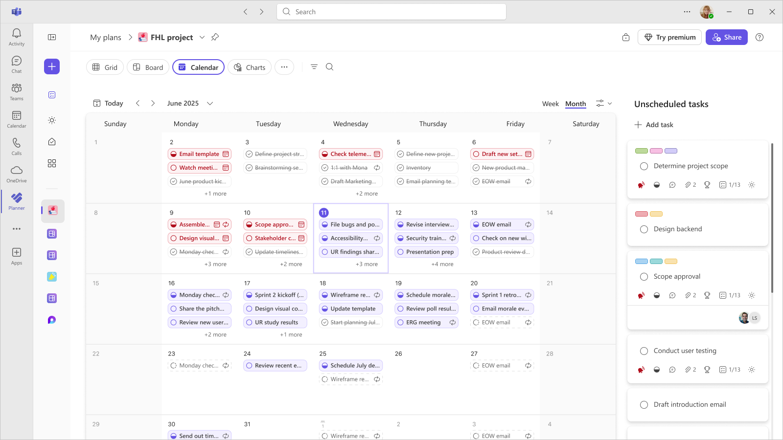 A screenshot of a plan in Planner in Teams shows the Calendar view of a users tasks for the month.