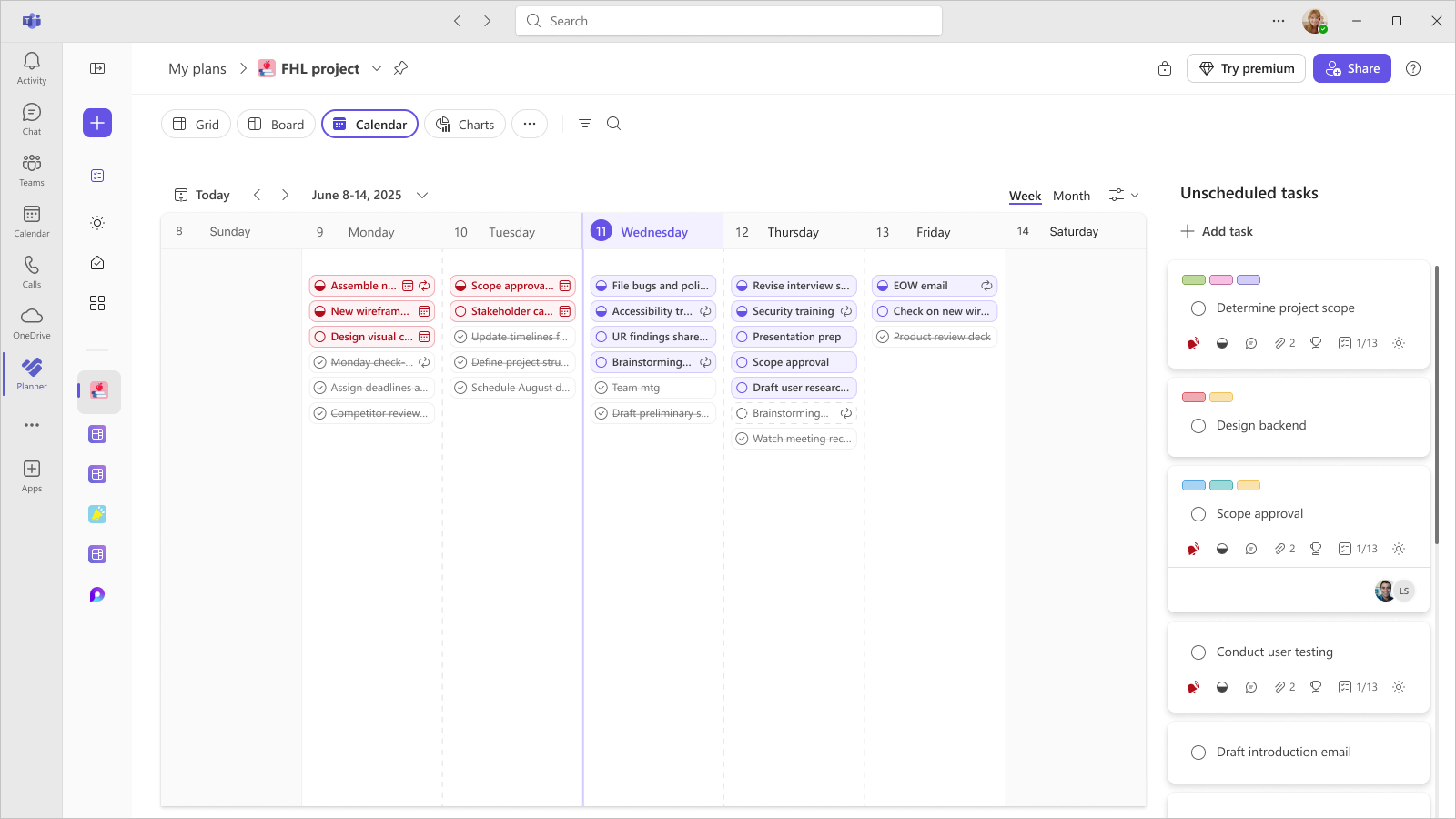 A screenshot of a plan in Planner in Teams shows the Calendar view of a users tasks for the week.