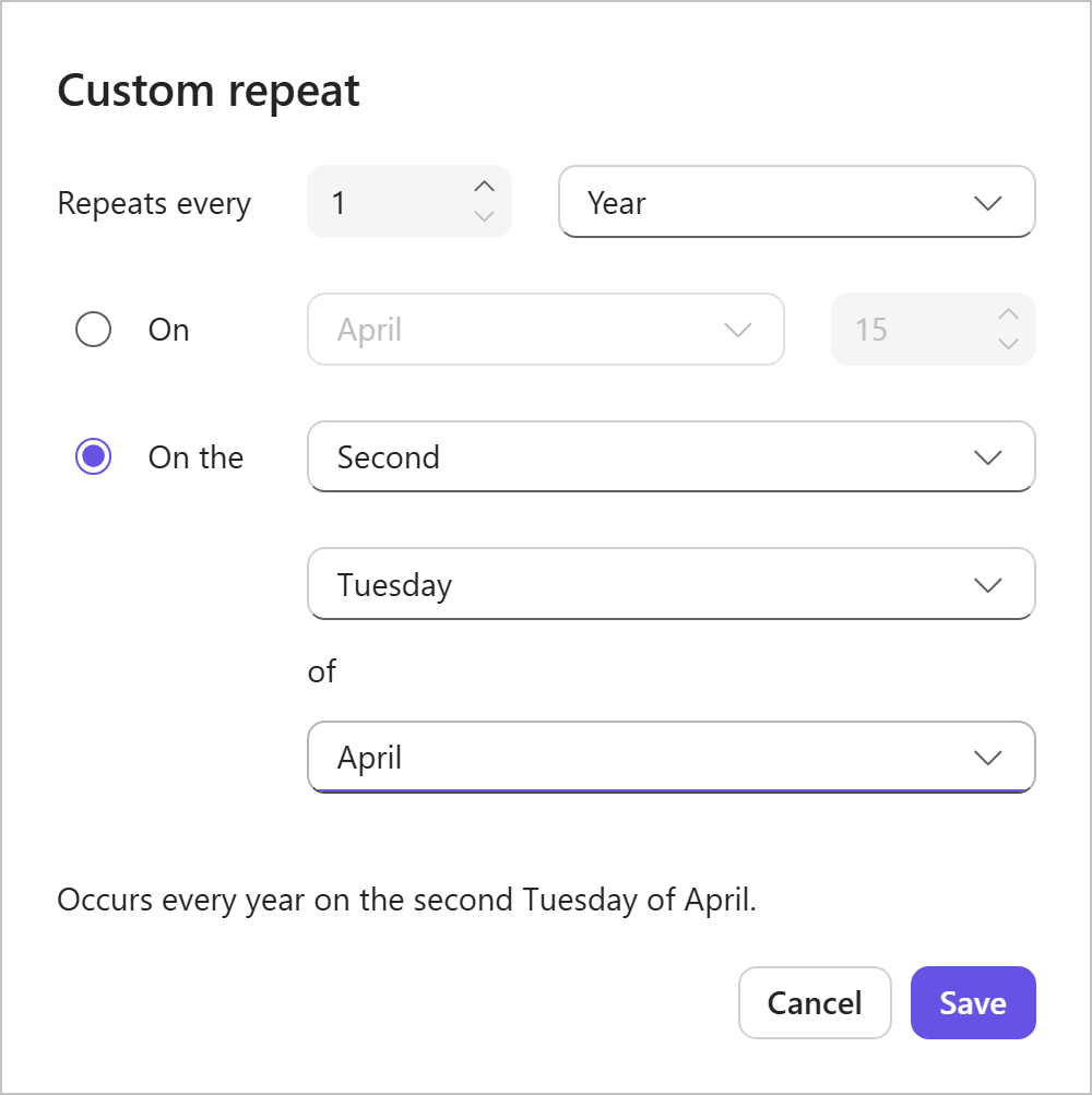 Custom repeat options over a period of years