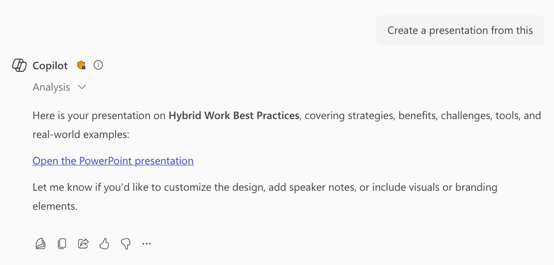 Screenshot of Microsoft Copilot generating a PowerPoint and providing a link back to the user.