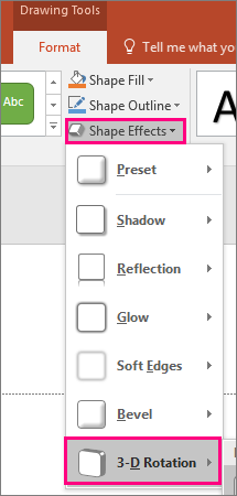 Screenshot showing the 3-D rotation option in the Shape Effects menu of PowerPoint 2016.