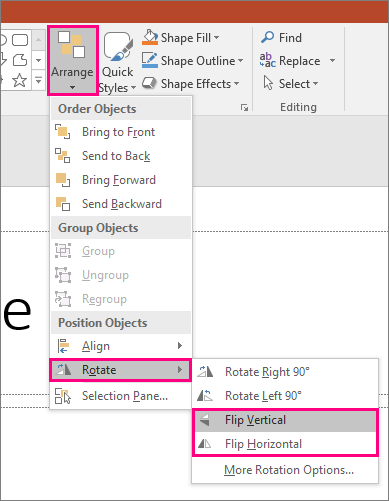 Screenshot showing the Arrange > Rotate > Flip options in PowerPoint.