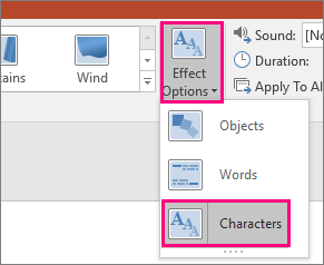 Screenshot showing the Effect Options menu for the Morph Transition with Characters selected.