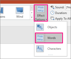 Screenshot showing the Effect Options menu for the Morph Transition with Words selected.