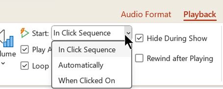 Screenshot showing the playback tab for audio files which has three options for when to start playing the audio.