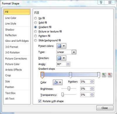 Screenshot showing Format Shape dialog box