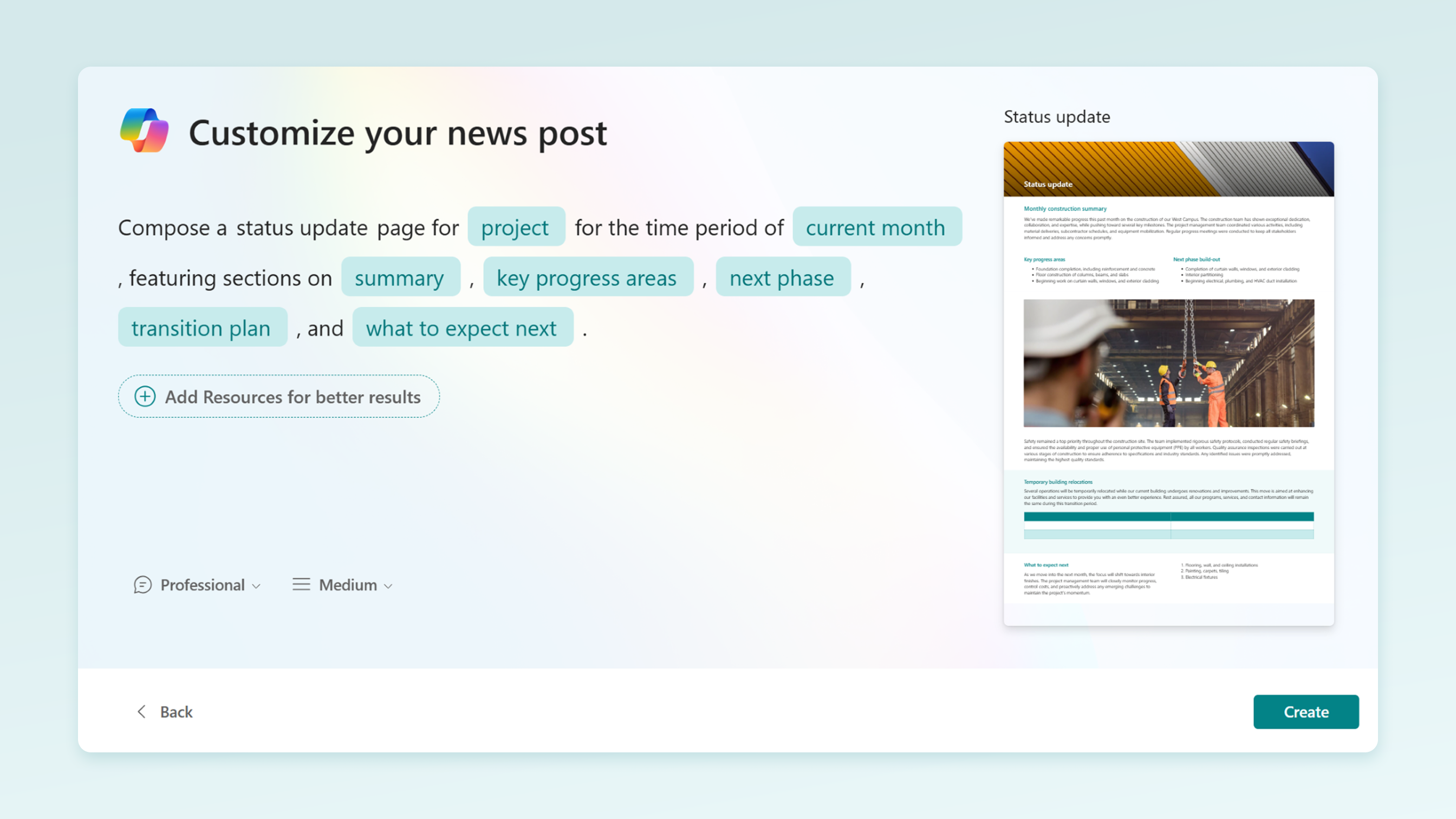 screenshot of creating pages from templates