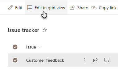 SharePoint list toolbar with Edit in grid view button highlighted for adding multiple items at once