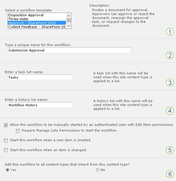 First page of the Collect Feedback workflow association form for site-wide configuration with numbered callouts