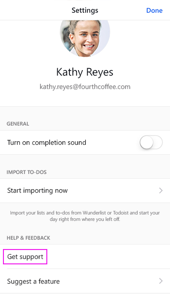iOS To Do Settings screen with Get support selected under Help and feedback