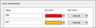 Color assignment menus for Off and On