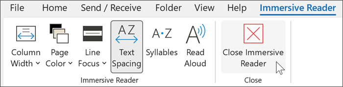 Screenshot that shows Immersive reader tool in outlook with cursor hovering over close.