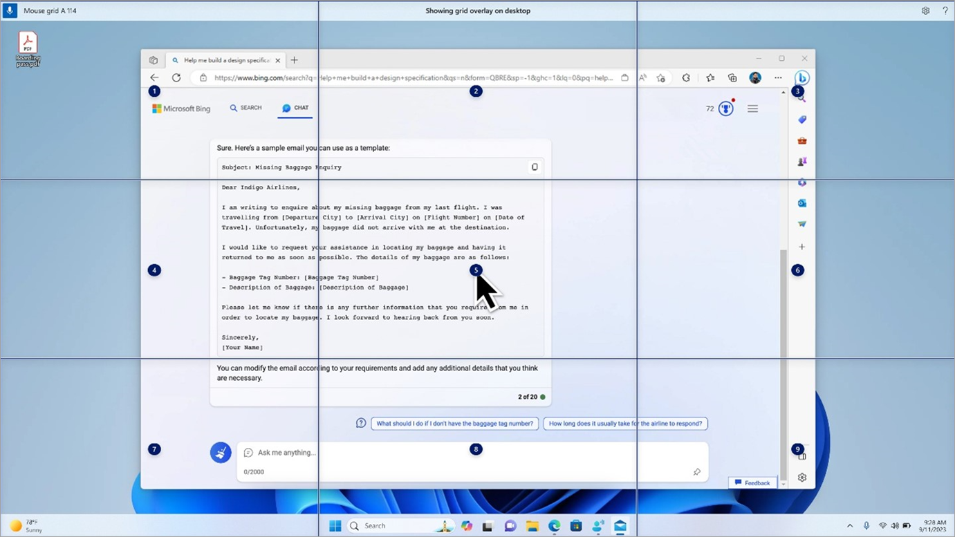 Monitor A with mouse grid showing a pointer on center grid number 5.