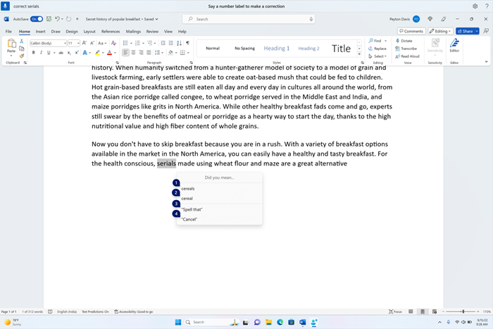 A word document showing corrections window with candidates for the text cereals.