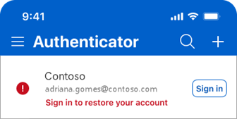 Screenshot of Microsoft Authenticator showing the message sign in to restore your account