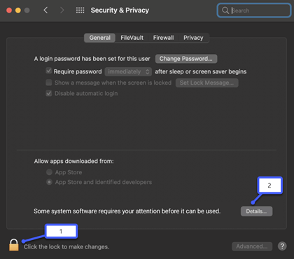 Select the padlock to unlock the settings, then select Allow.