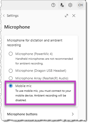 Screenshot of the microphone settings screen with the Mobile mic selected.