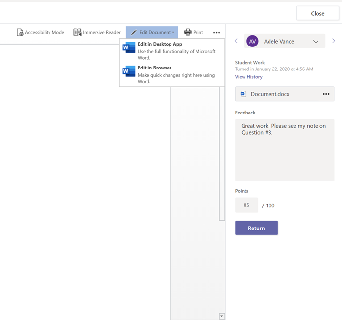 Screenshot that shows grading a student assignment