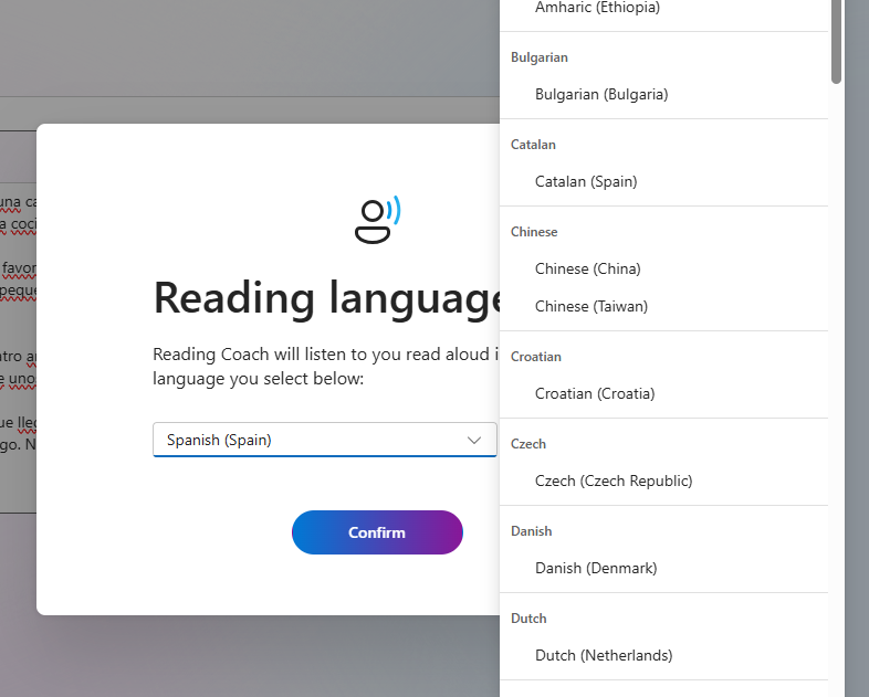 Screenshot of more reading language options.