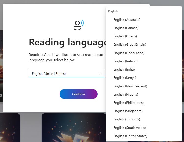Screenshot of reading language options.