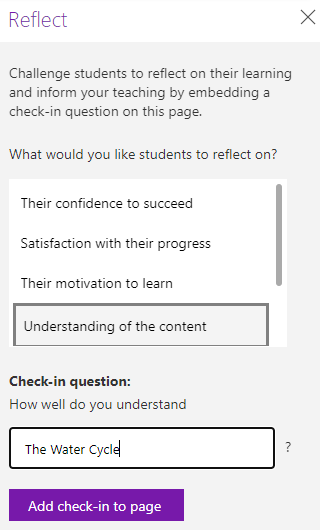 Screenshot of reflect check-in question.
