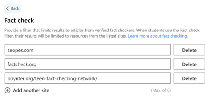 Screenshot of the fact check option in settings. Three default fact checking sites are listed - they can be deleted and others can be added to meet a teachers needs.