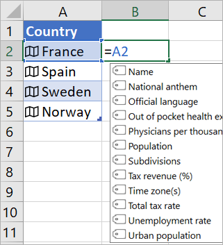 Cell A2 contains France; Cell B2 contains =A2. and formula autocomplete menu appears with fields from linked record