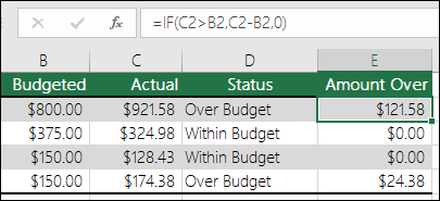 Formula in cell E2 is =IF(C2>B2,C2-B2,)
