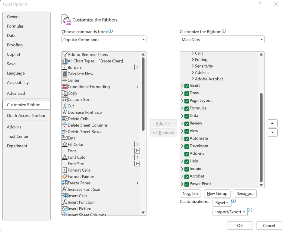 Screenshot that shows the Customize Ribbon dialog box.