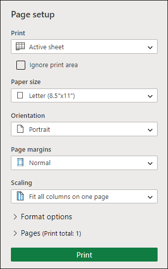 Print setup screen.